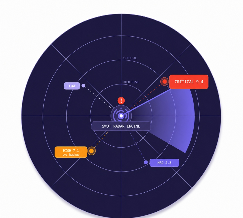 Know exactly which identity puts your business at risk — right now — SWOT Radar Scope